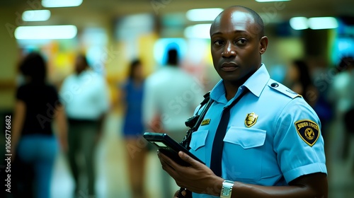 Security personnel in airport ensuring safe travel environment, vigilant officers monitoring checkpoints and maintaining order, emphasizing the importance of security in public transportation photo