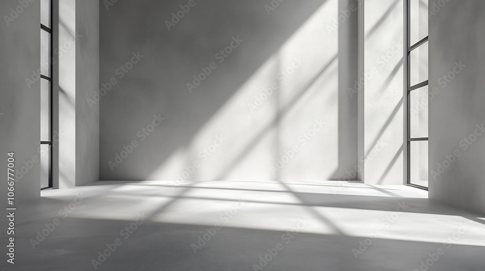 Fototapeta premium A minimalist empty room with large windows and natural light.
