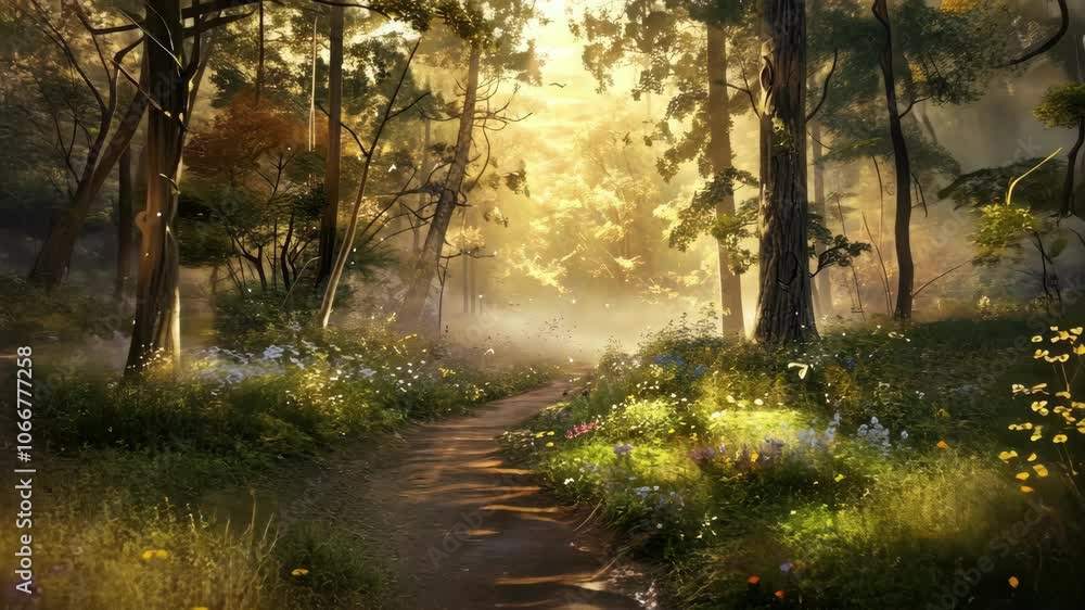 Mystical forest scene with morning mist, a tranquil pond, and a wildflower meadow Mystical forest scene with morning mist, a tranquil pond, and a wildflower meadow