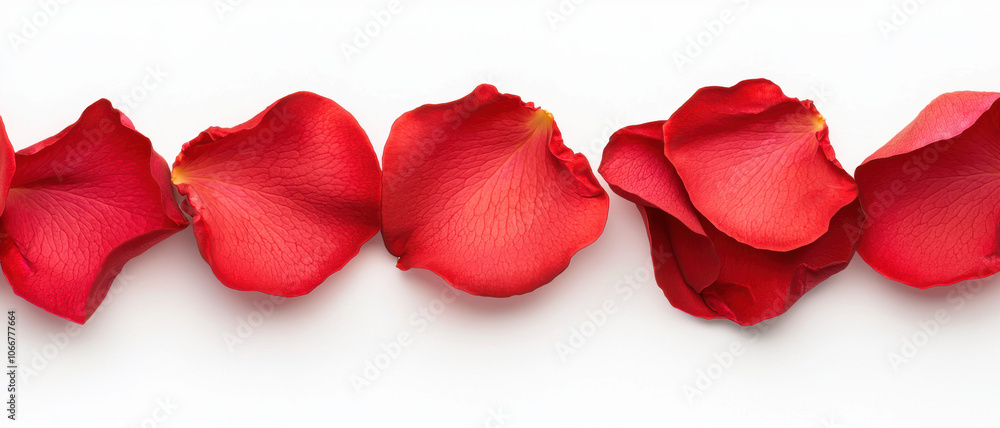 A row of vibrant red rose petals arranged neatly against a white background, symbolizing love and beauty. A row of vibrant red rose petals arranged neatly against a white background, symbolizing love and beauty.