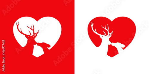 Silueta de corazón con pareja de ciervo o reno macho y hembra dándose un beso para tarjetas y felicitaciones de San Valentín o Navidad 