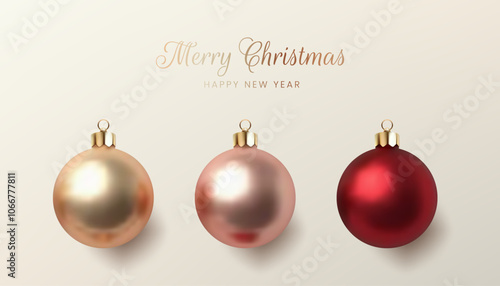 A festive 3D illustration featuring shiny Christmas balls in pink, red, and gold. The glossy, round ornaments are isolated on a white background, perfect for holiday decor and greeting cards. Not AI.