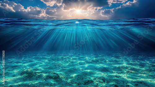 Sunlight breaking into underwater depths, Breathtaking underwater scene showcasing clear blue water, sun rays piercing through the surface, and vibrant textures of ocean life. photo