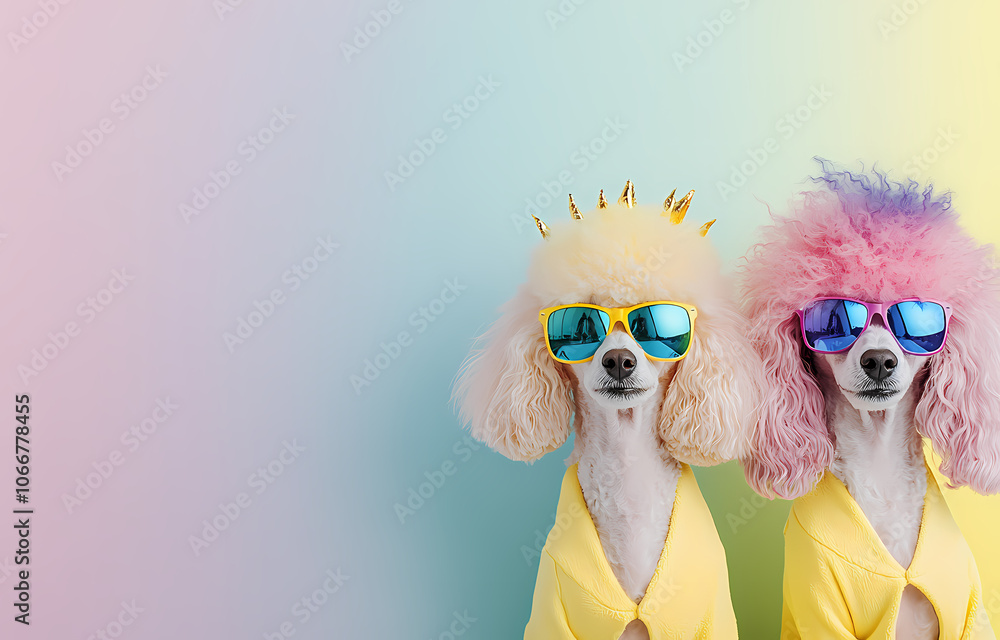 Two poodles in pink sunglasses in yellow suit and sunglasses against blue background Two poodles in pink sunglasses in yellow suit and sunglasses against blue background