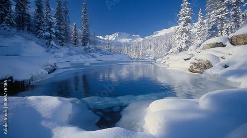 Wallpaper Mural A tranquil photography of a mountain stream partially frozen, with crystal-clear water trickling between sheets of ice, framed by snow-covered rocks and trees under a deep blue winter sky. Torontodigital.ca