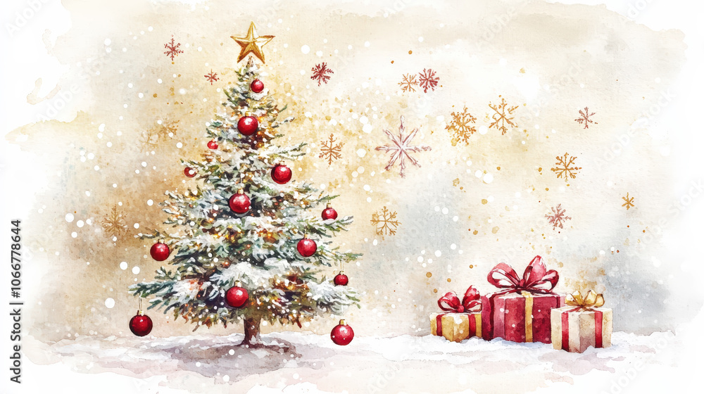 Obraz premium Aesthetic Christmas retro card with new year tree, watercolor hand-painted in pastel colors. Copy space. Generative AI