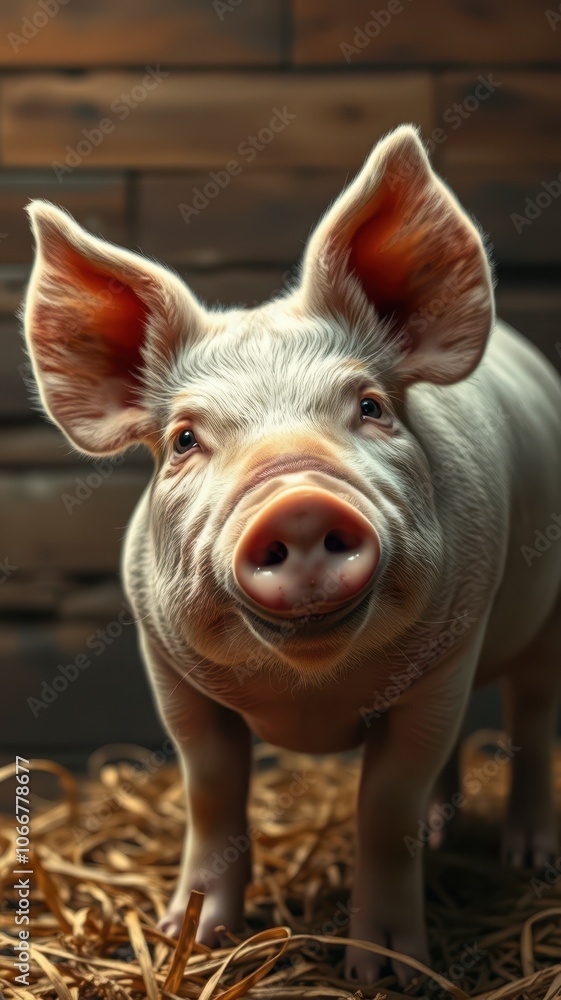 A white pig with pink ears stands in straw with a friendly expression on its face A white pig with pink ears stands in straw with a friendly expression on its face