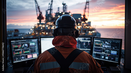 image depicts control room overlooking offshore oil rig at sunset, showcasing worker in safety gear monitoring multiple screens. scene conveys sense of vigilance and responsibility in high stakes