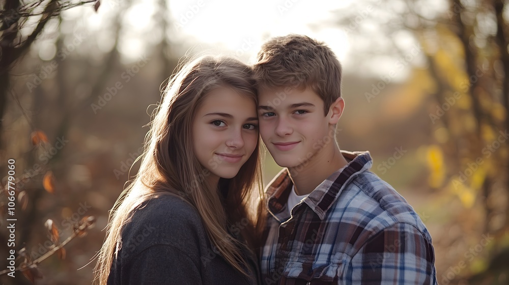 Young teenage couple smiling in autumn forest with golden sunset backlight, copy space Young teenage couple smiling in autumn forest with golden sunset backlight, copy space