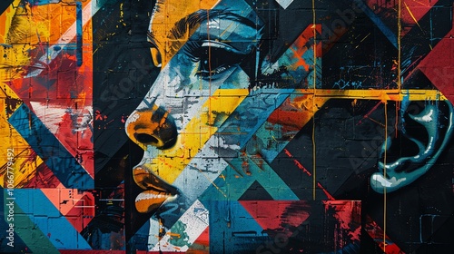 A colorful abstract graffiti mural with a woman's face.