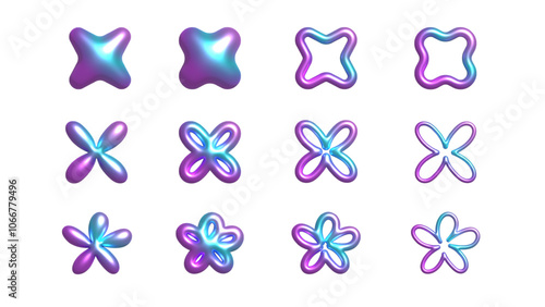 vector flowers 3D effect holographic Y2K vector elements