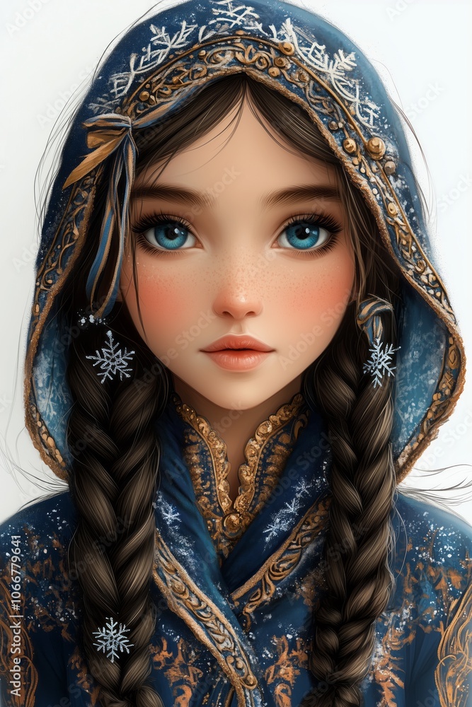 A young girl in a blue traditional outfit with intricate details and snowflake accents poses against a light background A young girl in a blue traditional outfit with intricate details and snowflake accents poses against a light background