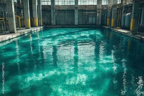 A Pool of Water Reflecting the Structure of an Abandoned Industrial Building