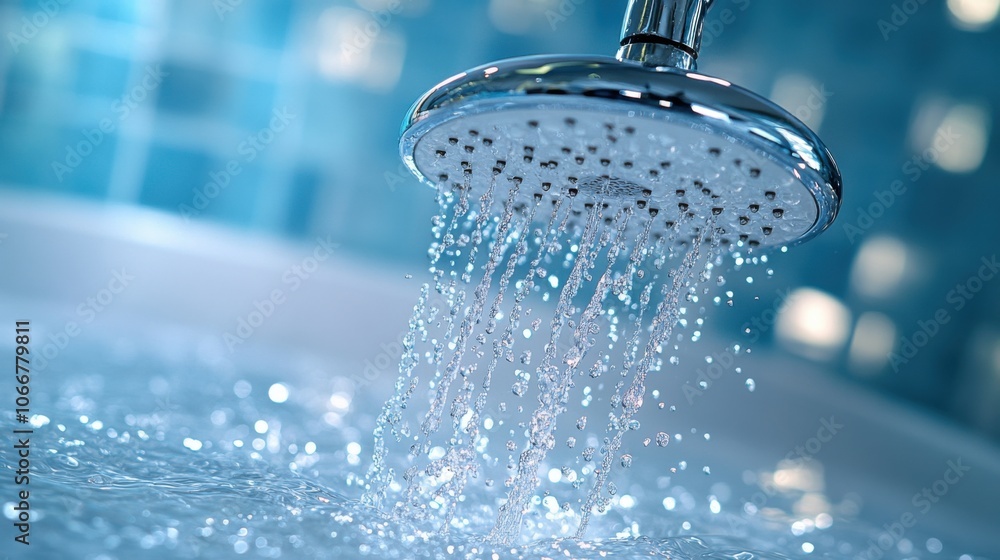 Water flowing from shower head with water droplets, close-up in modern bathroom, relaxing shower scene, refreshing clean water, hygiene, relaxation, morning routine Water flowing from shower head with water droplets, close-up in modern bathroom, relaxing shower scene, refreshing clean water, hygiene, relaxation, morning routine