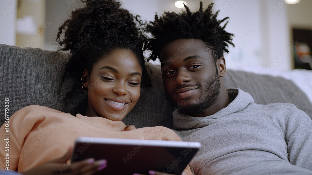Young Couple Relaxing Together on Sofa with Tablet Young Couple Relaxing Together on Sofa with Tablet