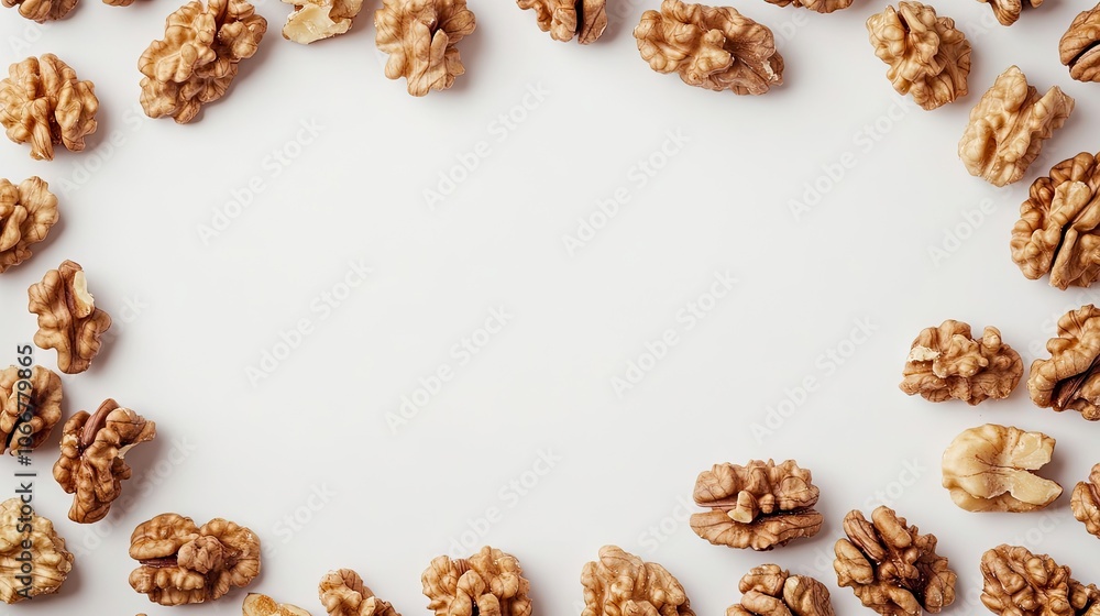 A flat lay of delicious walnuts arranged on a clean, blank background, creating a visually appealing frame for the walnuts. Ideal for a variety of design needs with ample copy space. A flat lay of delicious walnuts arranged on a clean, blank background, creating a visually appealing frame for the walnuts. Ideal for a variety of design needs with ample copy space.