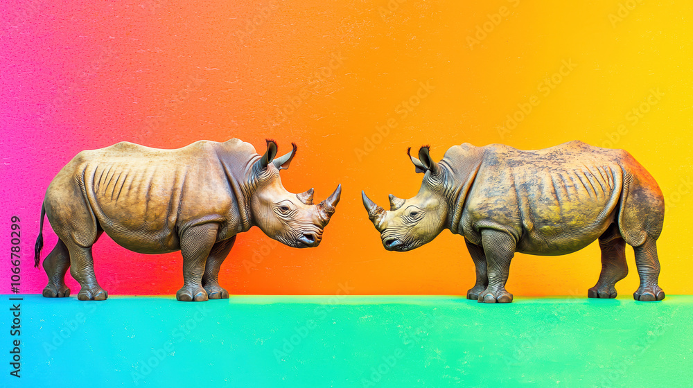 Fototapeta premium Two Rhinos on a Vibrant Gradient Background