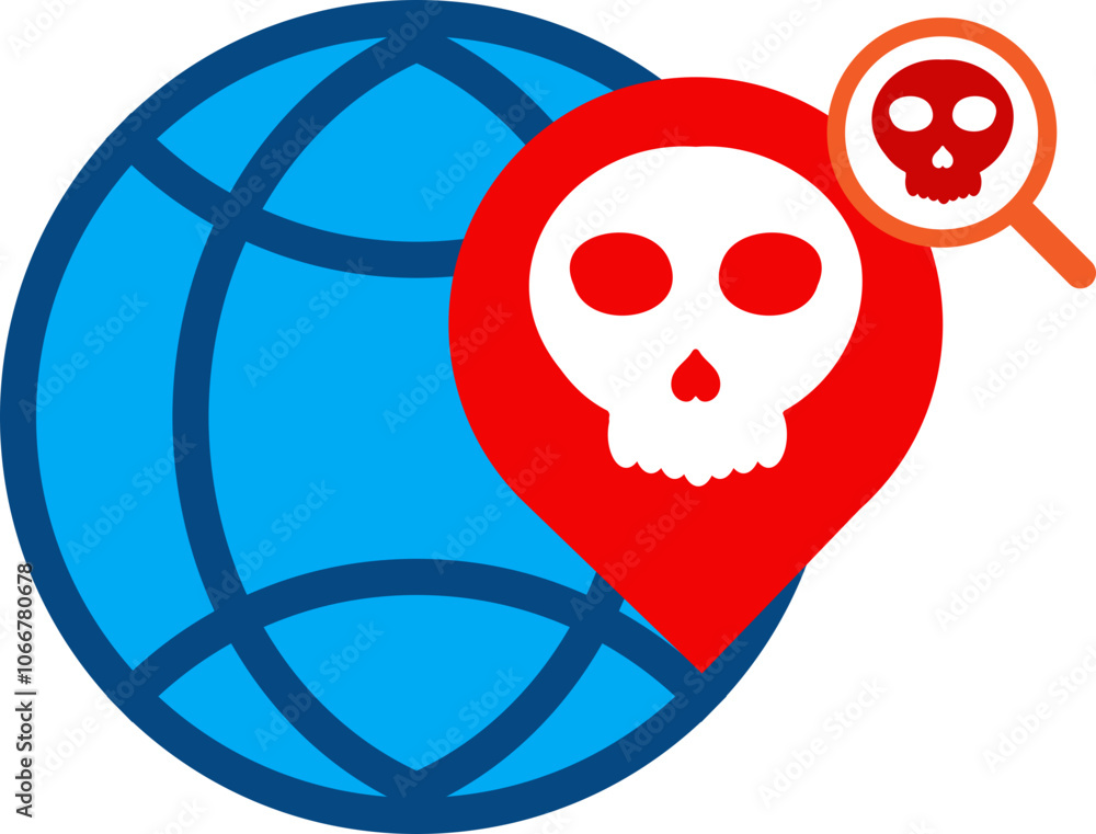 network globe with skull and location icon network globe with skull and location icon