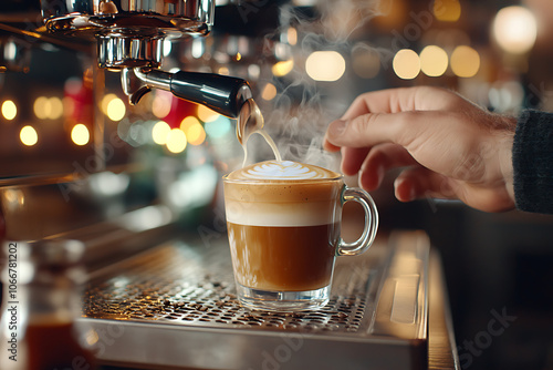 Barista steaming milk for a cappuccino cafe ambian photo