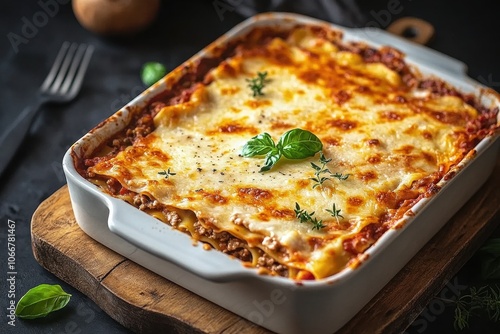 Lasagna in white baking dish on wood. Perfect image for showcasing a delicious Italian meal.