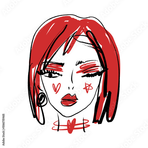 Redhead podium fashion girl beauty makeup fast sketch portrait abstraction, vector illustration clipart abstract woman line ink brush face art print for t shirt and more, black colour contour coloring