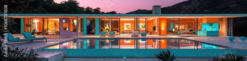 Modern house with turquoise accents and a pool, captured in a high-resolution evening shot.