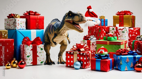 Fototapeta Naklejka Na Ścianę i Meble -  A dinosaur stands among colorful Christmas presents, adding a whimsical touch to the festive scene with decorations and gifts.