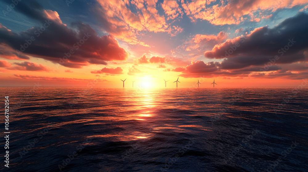 Breathtaking offshore wind turbines stand tall against vibrant sunset, reflecting beautifully on calm ocean waters. scene evokes sense of tranquility and innovation Breathtaking offshore wind turbines stand tall against vibrant sunset, reflecting beautifully on calm ocean waters. scene evokes sense of tranquility and innovation