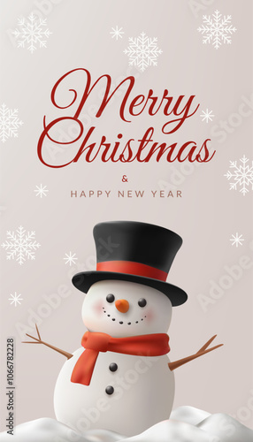 A cheerful 3D Christmas banner featuring a cute snowman character with a hat, surrounded by festive elements like snowflakes and a tree. Perfect for winter greetings, social media, or posters. Not AI