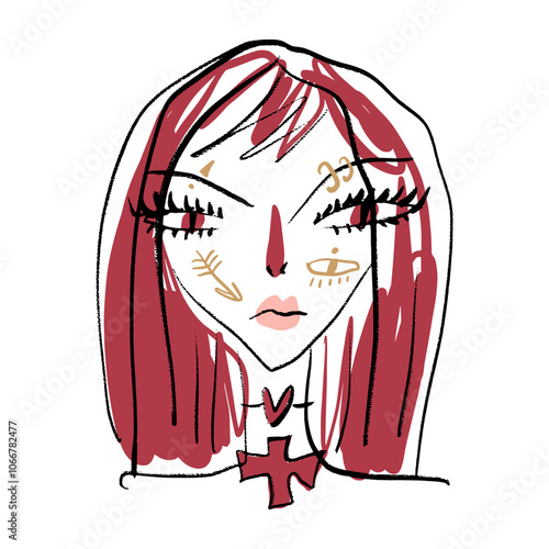 Redhead podium fashion girl beauty makeup fast sketch portrait abstraction, vector illustration clipart abstract woman line ink brush face art print for t shirt and more, black colour contour coloring