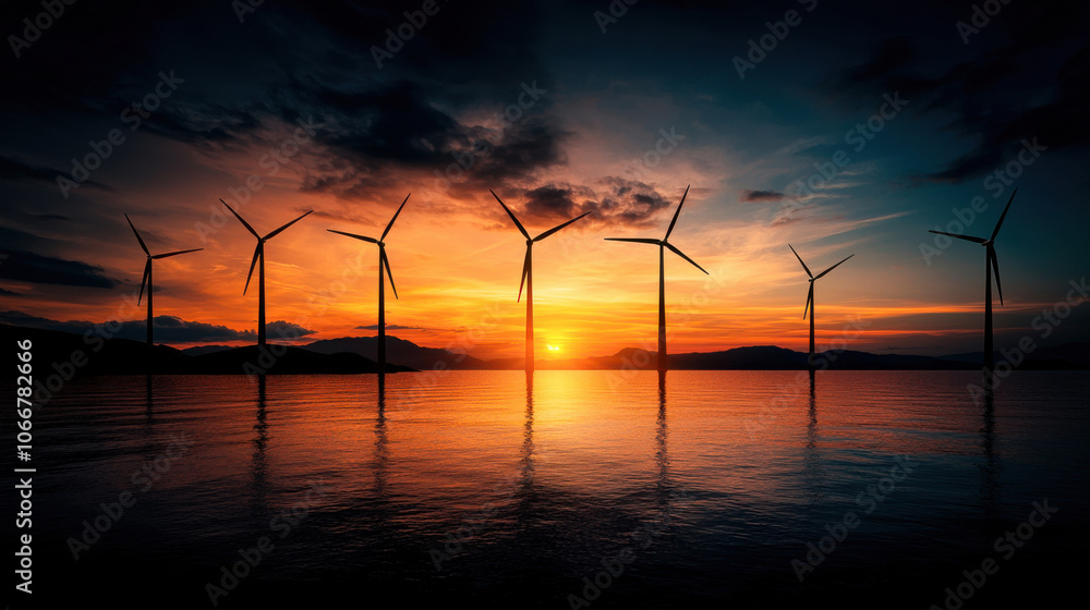 Obraz premium Vibrant offshore wind turbines standing against stunning sunset, reflecting on calm waters, create serene and powerful image of renewable energy