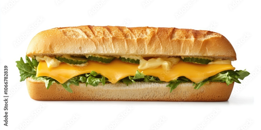 A sandwich containing cheese and lettuce is presented against a white background, clearly showcasing its ingredients of cheese and fresh lettuce within the bread. A sandwich containing cheese and lettuce is presented against a white background, clearly showcasing its ingredients of cheese and fresh lettuce within the bread.