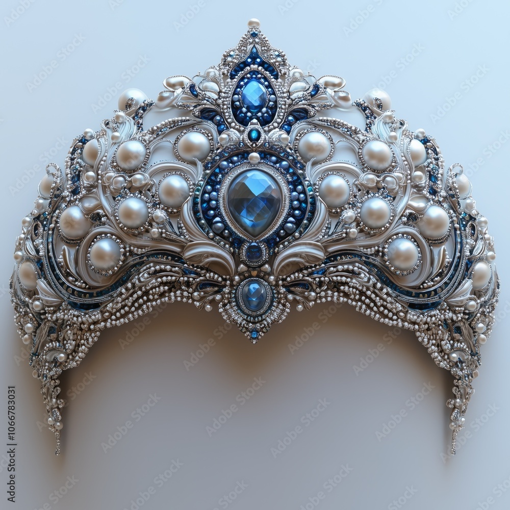 Exquisite silver tiara adorned with pearls and blue gemstones highlighting intricate craftsmanship Exquisite silver tiara adorned with pearls and blue gemstones highlighting intricate craftsmanship