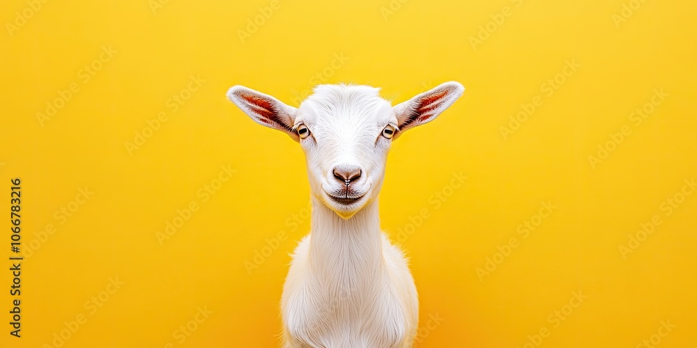Fototapeta premium A cute white goat is positioned against a bright yellow backdrop, creating a charming and delightful visual with its striking contrast.