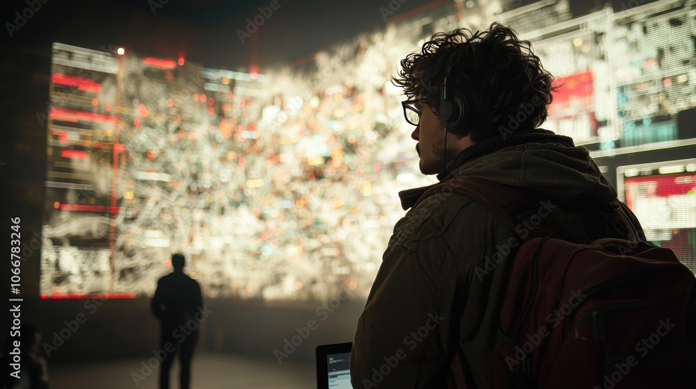Young Man Observing Digital Art Installation Young Man Observing Digital Art Installation