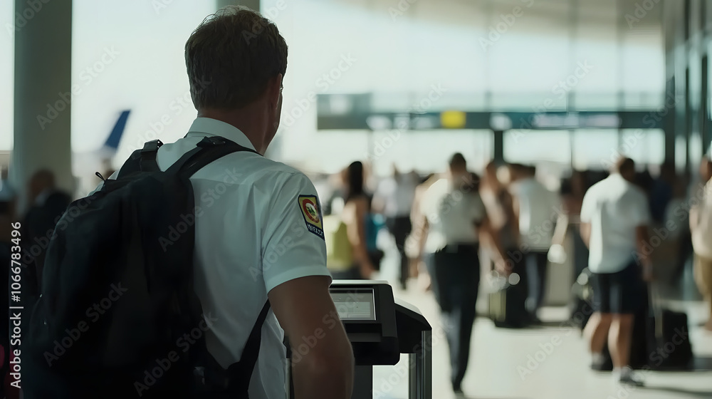 Dedicated Airport Security Personnel Scanning Passengers with a Metal Detector, Emphasizing Safety, Precision, and Vigilance in Security Screening at a High-Traffic Airport Terminal, Showcasing Modern Dedicated Airport Security Personnel Scanning Passengers with a Metal Detector, Emphasizing Safety, Precision, and Vigilance in Security Screening at a High-Traffic Airport Terminal, Showcasing Modern