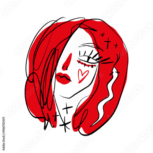 Redhead podium fashion girl beauty makeup fast sketch portrait abstraction, vector illustration clipart abstract woman line ink brush face art print for t shirt and more, black colour contour coloring