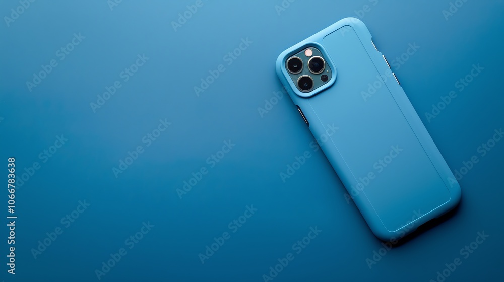 A blue phone case with a black phone inside on a blue background. A blue phone case with a black phone inside on a blue background.