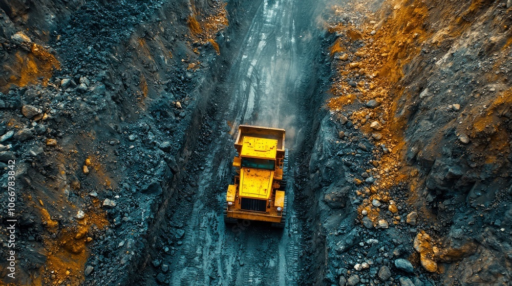 Yellow Excavator in a Deep Quarry with a Narrow Path