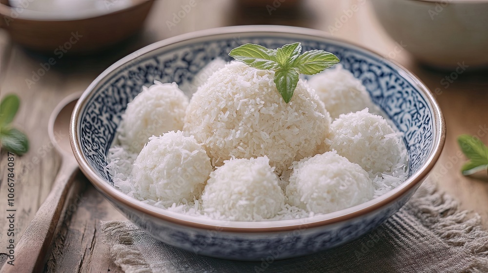 Delicious gourmet rice dessert adorned with coconut and rice balls, perfect for culinary photography. This rice dessert offers a tempting visual with ample space for text. Delicious gourmet rice dessert adorned with coconut and rice balls, perfect for culinary photography. This rice dessert offers a tempting visual with ample space for text.