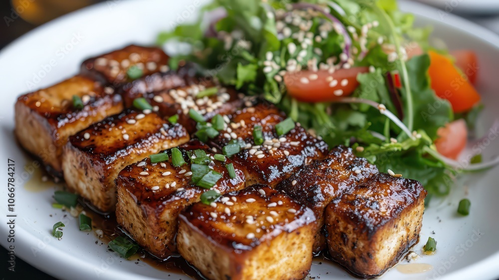Delicious grilled tofu skewers with smoky glaze paired with a refreshing sesame salad on the side. Delicious grilled tofu skewers with smoky glaze paired with a refreshing sesame salad on the side.