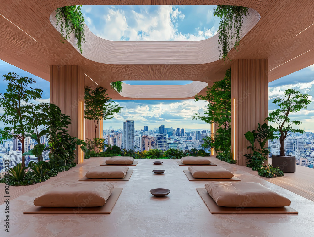 Fototapeta premium Tranquil Rooftop Meditation Space Overlooking Cityscape