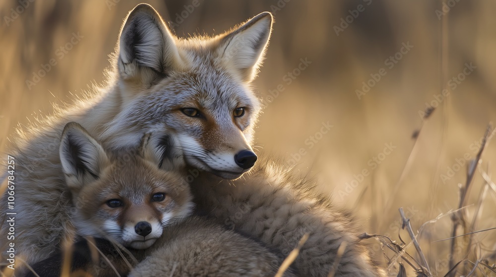 Two foxes in intimate close-up portrait with soft focus golden sunset lighting and natural autumn grass background, copy space