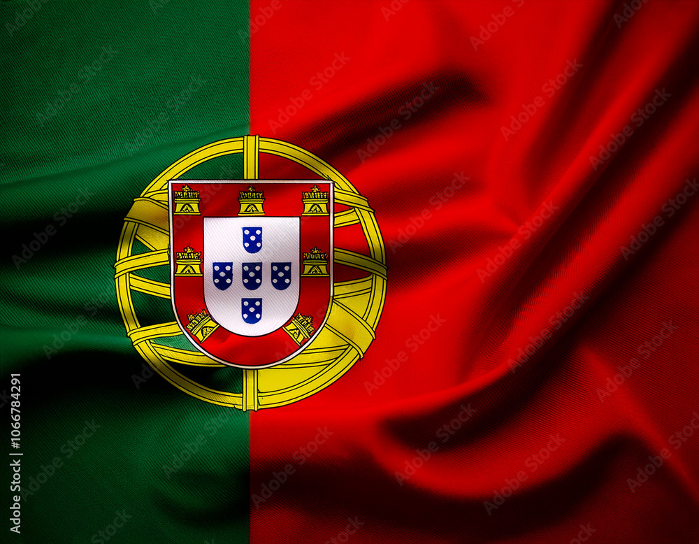 Portugal flag waving in the wind. Close up of Portugal banner blowing, soft and smooth silk. Cloth fabric texture ensign background. Use it for national day and country occasions concept Portugal flag waving in the wind. Close up of Portugal banner blowing, soft and smooth silk. Cloth fabric texture ensign background. Use it for national day and country occasions concept