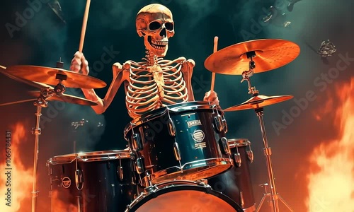 A skeleton drummer playing drums in a fiery inferno