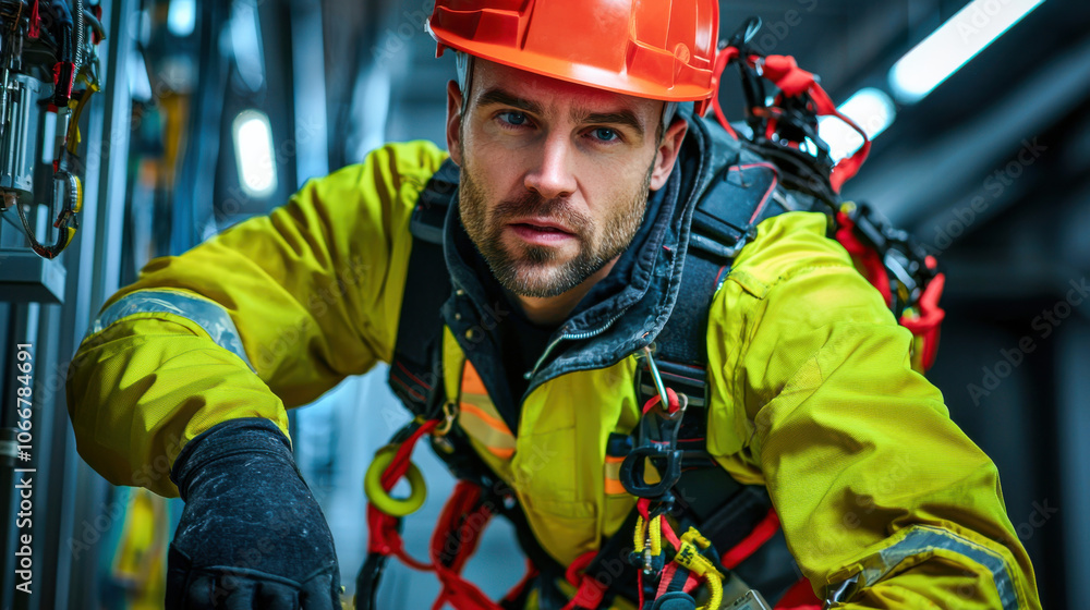 technician in bright yellow safety suit and orange helmet is preparing for work in industrial setting, showcasing determination and focus technician in bright yellow safety suit and orange helmet is preparing for work in industrial setting, showcasing determination and focus