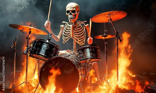 Skeleton Drummer Performing on a Flaming Drum Set