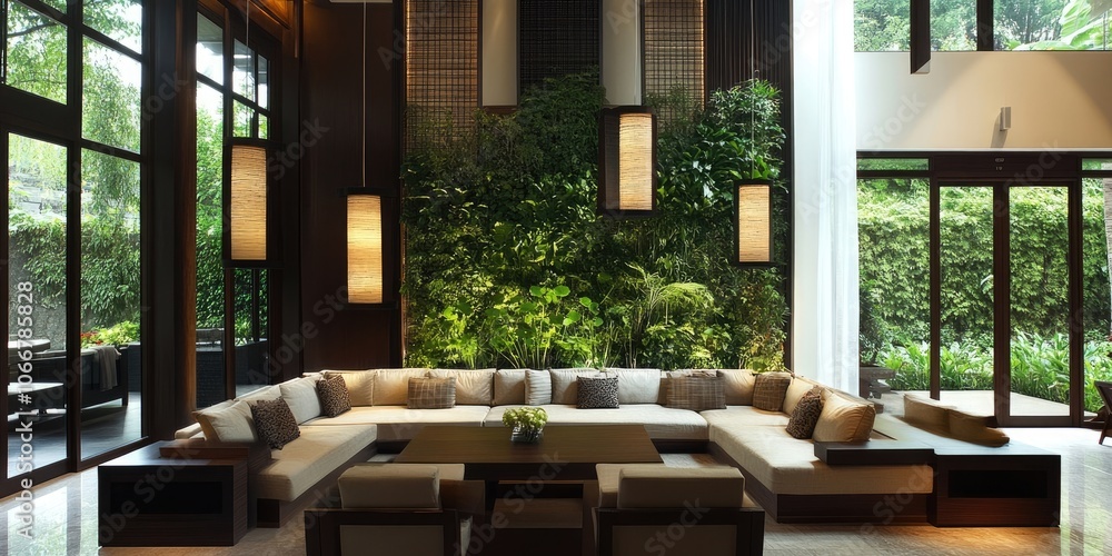 Asian inspired minimalist living room design featuring sleek furniture and an integrated vertical garden for a serene and elegant atmosphere. Asian inspired minimalist living room design featuring sleek furniture and an integrated vertical garden for a serene and elegant atmosphere.