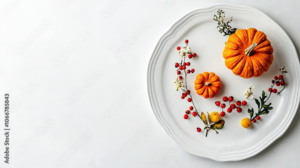 Autumn decorations create a charming scene on a white plate, with small pumpkins, flowers, and berries beautifully arranged, leaving empty space for text or captions. Autumn decorations create a charming scene on a white plate, with small pumpkins, flowers, and berries beautifully arranged, leaving empty space for text or captions.