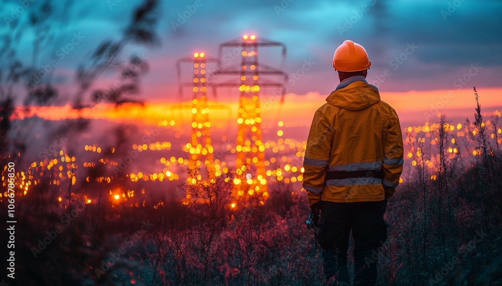 Engineer operating drone for power line inspection at dusk, engineer at work, dusk inspection, Engineer operating drone for power line inspection at dusk, engineer at work, dusk inspection,